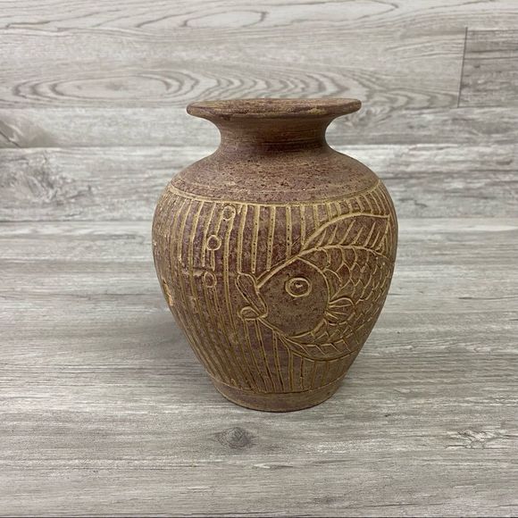 Vintage Handcarved Fish Pottery Vase